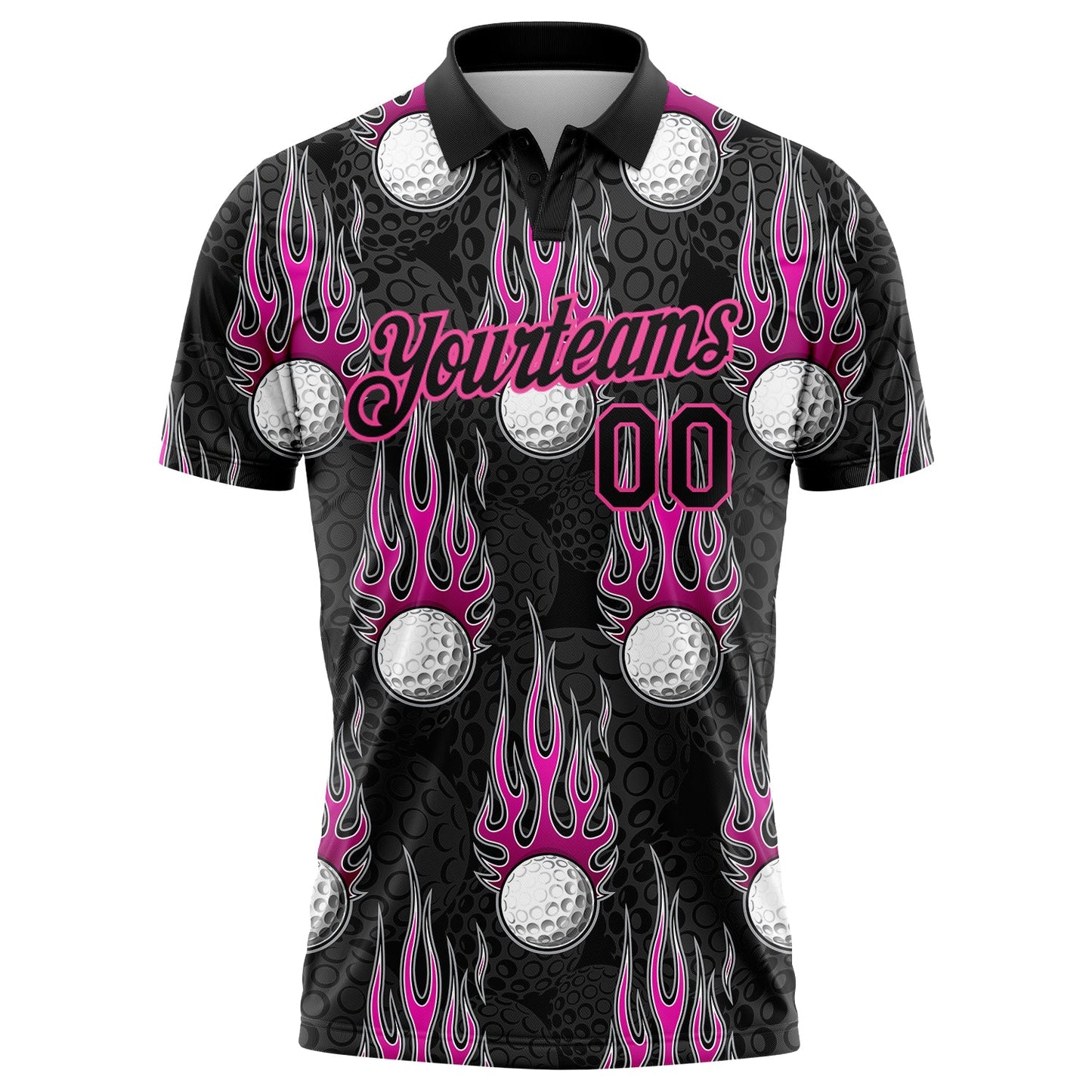 Custom Black Pink 3D Pattern Design Firely Golf Ball Performance Golf Polo Shirt view 2