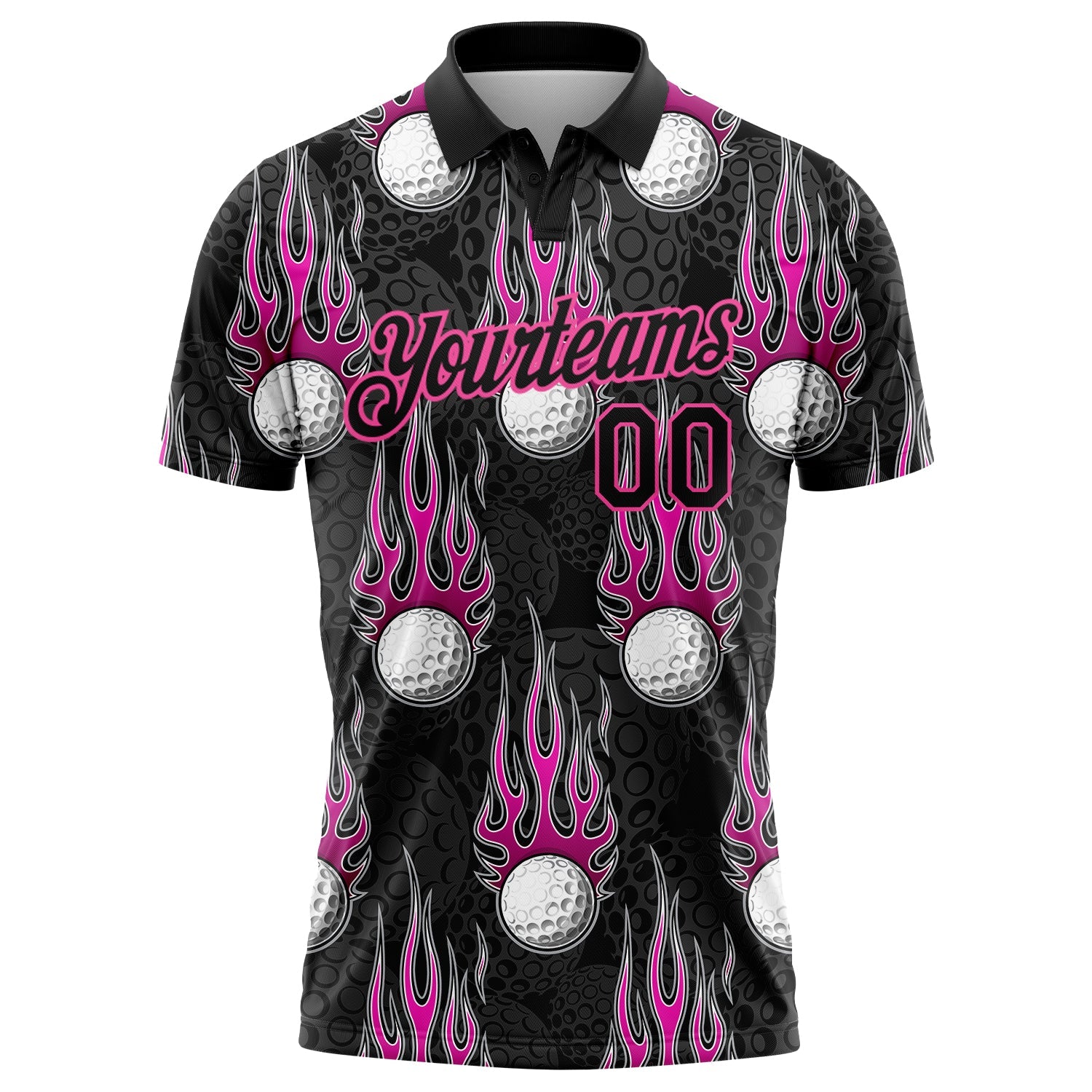 Custom Black Pink 3D Pattern Design Firely Golf Ball Performance Golf Polo Shirt view 2