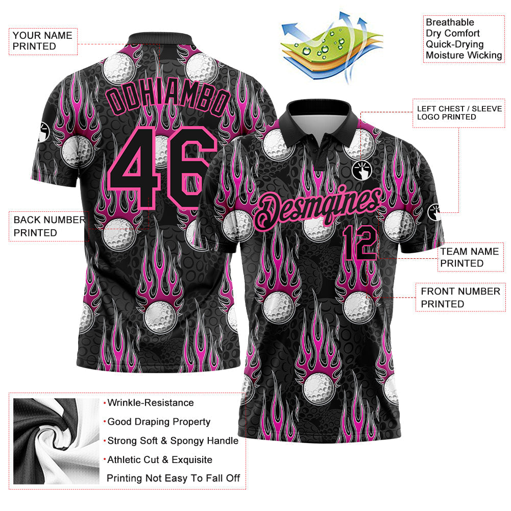 Custom Black Pink 3D Pattern Design Firely Golf Ball Performance Golf Polo Shirt view 3
