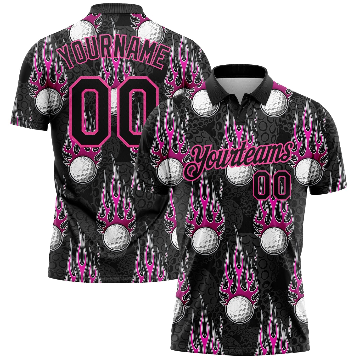 Custom Black Pink 3D Pattern Design Firely Golf Ball Performance Golf Polo Shirt - Main View