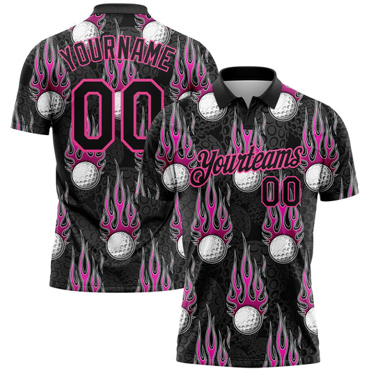 Custom Black Pink 3D Pattern Design Firely Golf Ball Performance Golf Polo Shirt - Main View