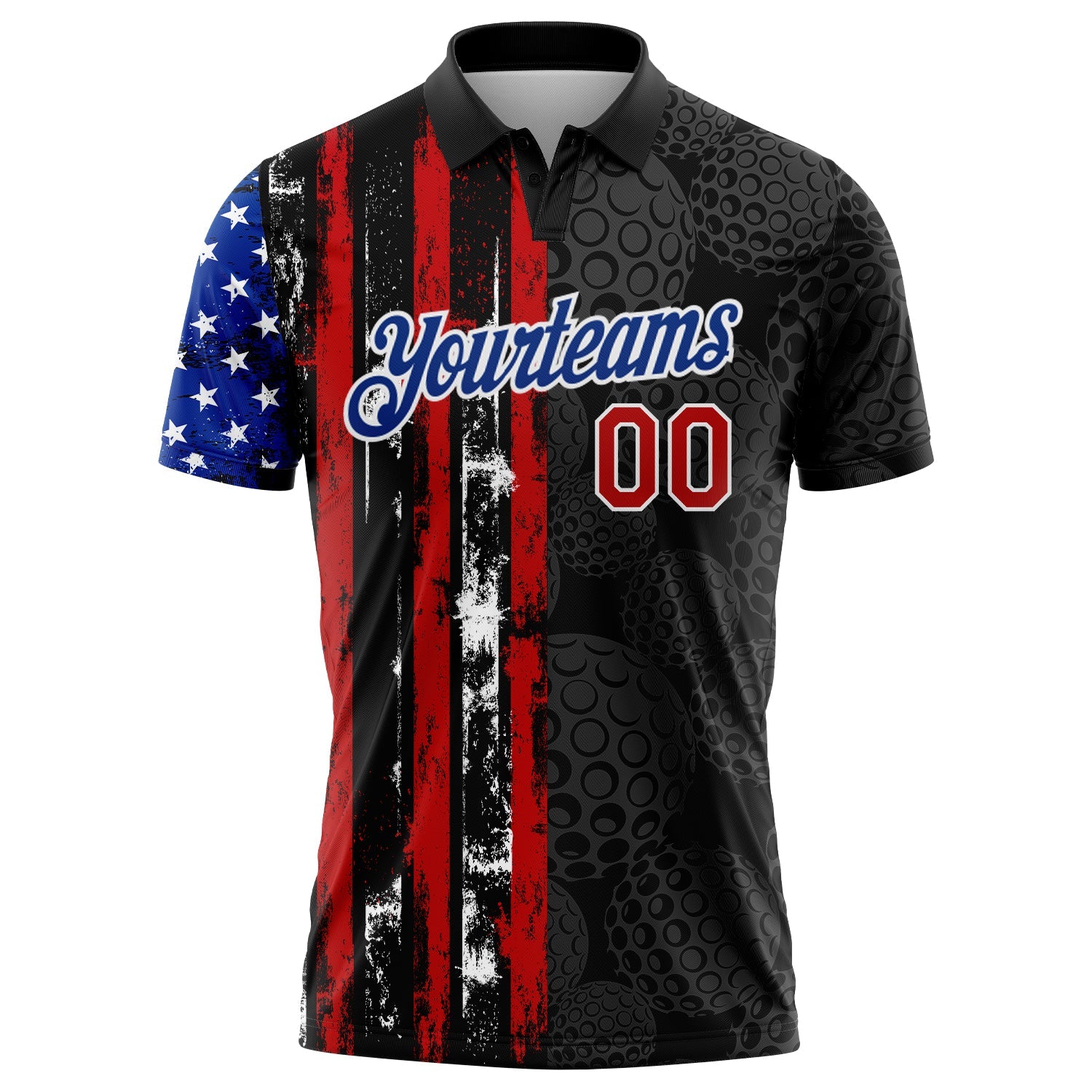 Custom Black Red-Royal 3D Pattern Design Golf Ball American Flag Performance Golf Polo Shirt view 2