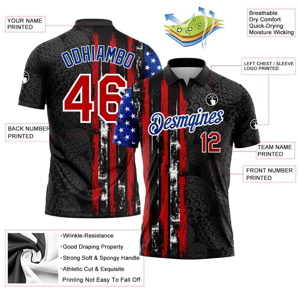 Custom Black Red-Royal 3D Pattern Design Golf Ball American Flag Performance Golf Polo Shirt view 3