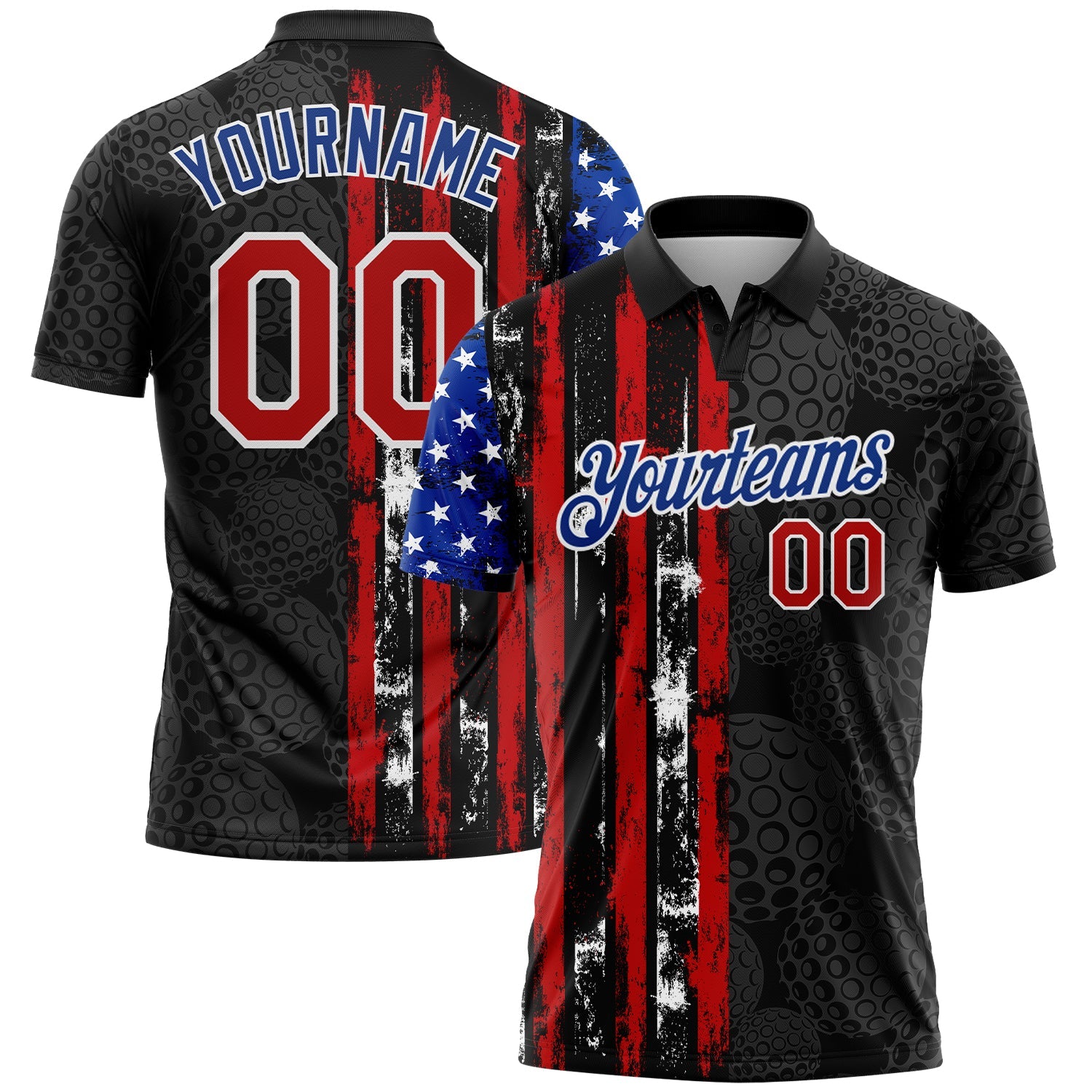 Custom Black Red-Royal 3D Pattern Design Golf Ball American Flag Performance Golf Polo Shirt - Main View