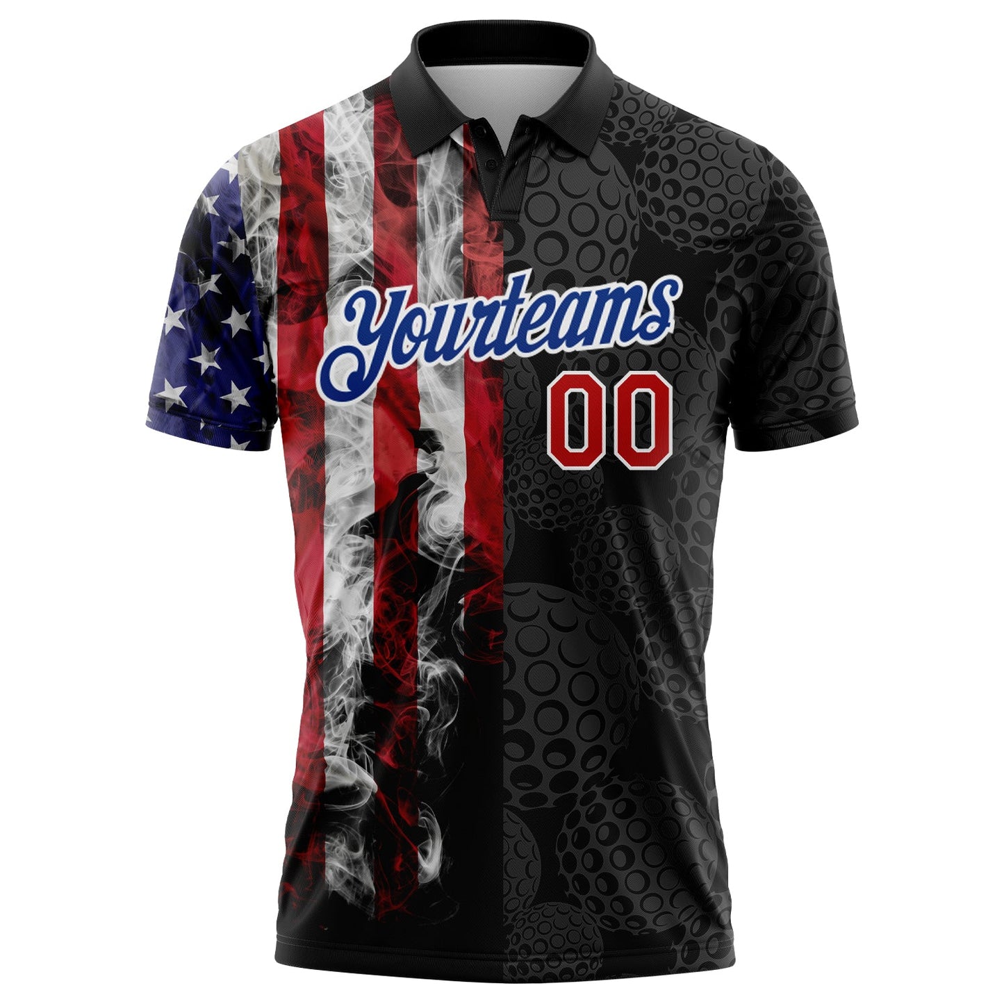 Custom Black Red-Royal 3D Pattern Design Golf Ball American Flag Performance Golf Polo Shirt view 2