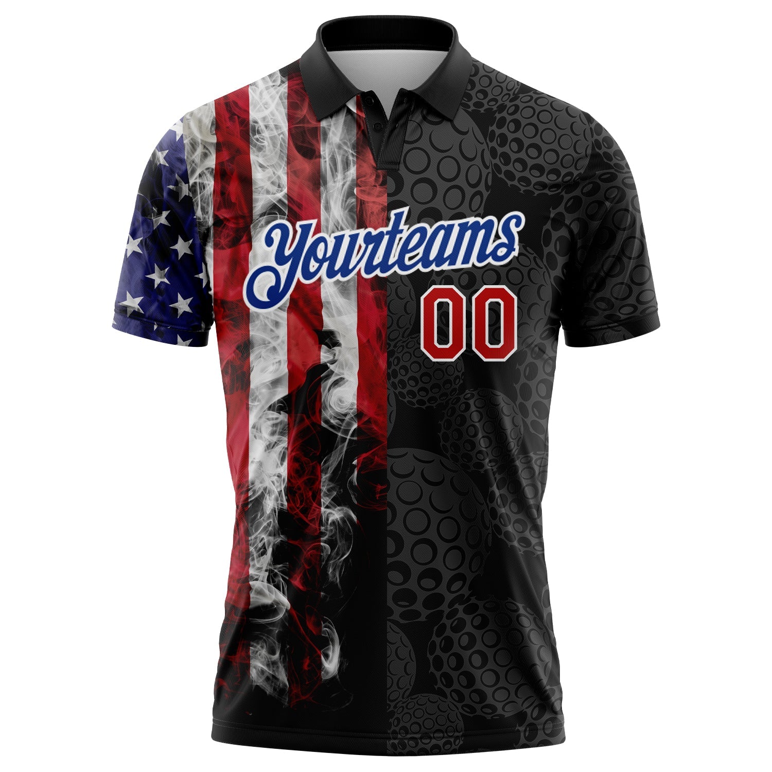 Custom Black Red-Royal 3D Pattern Design Golf Ball American Flag Performance Golf Polo Shirt view 2