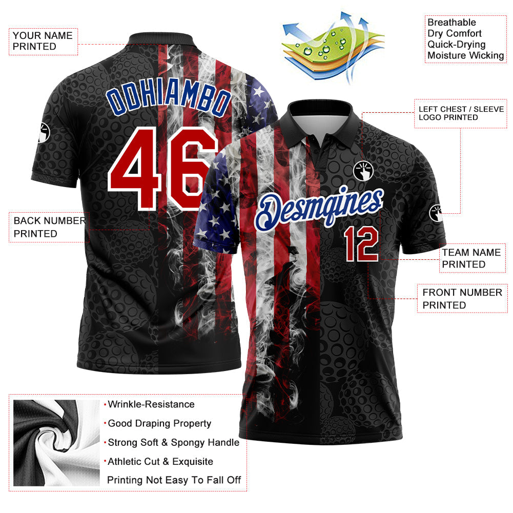 Custom Black Red-Royal 3D Pattern Design Golf Ball American Flag Performance Golf Polo Shirt view 3