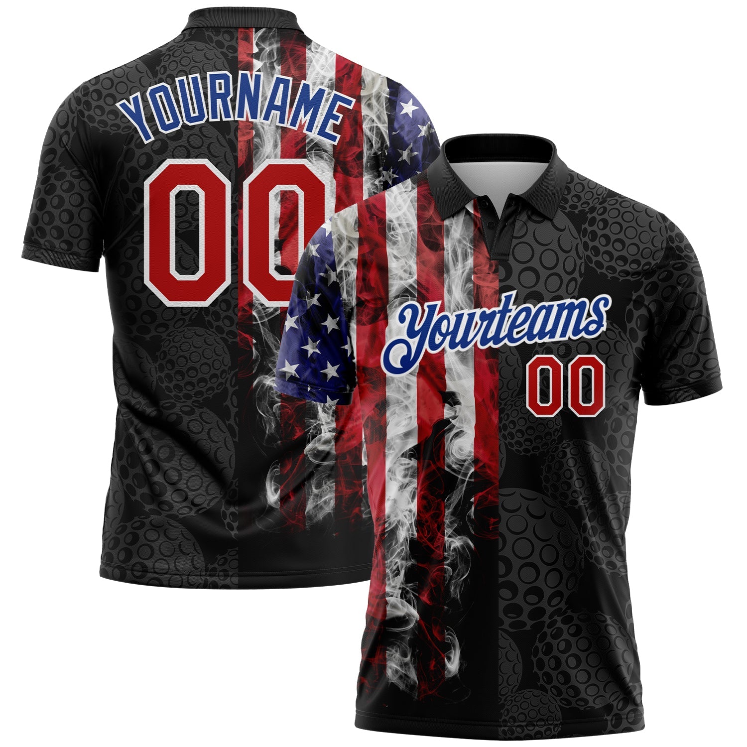 Custom Black Red-Royal 3D Pattern Design Golf Ball American Flag Performance Golf Polo Shirt - Main View