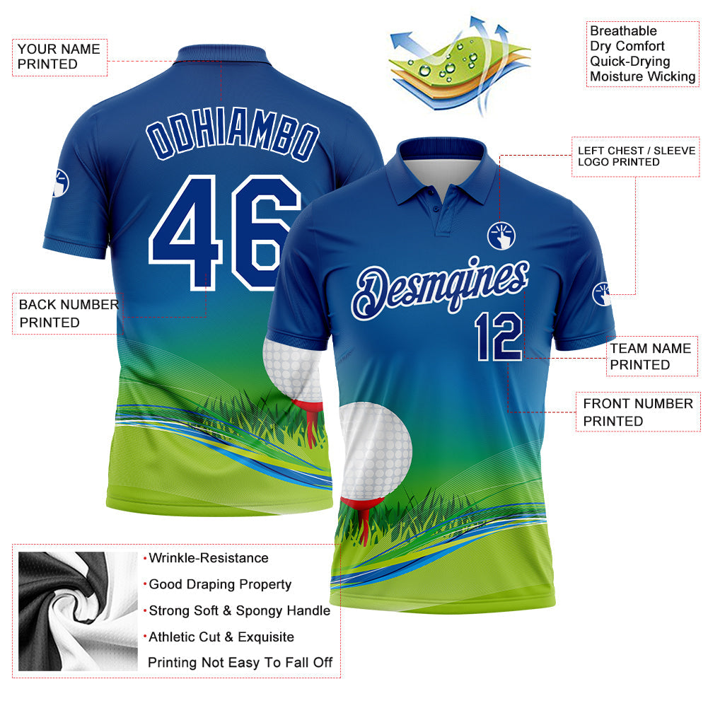 Custom Royal White 3D Pattern Design Golf Ball Performance Golf Polo Shirt view 3