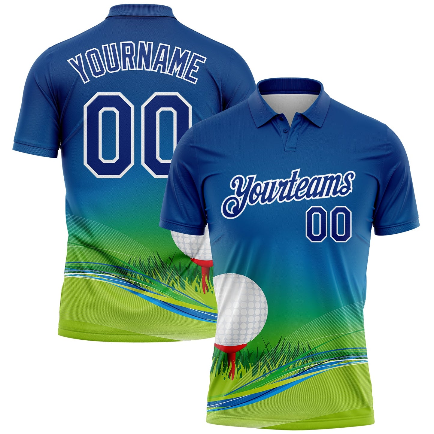 Custom Royal White 3D Pattern Design Golf Ball Performance Golf Polo Shirt - Main View