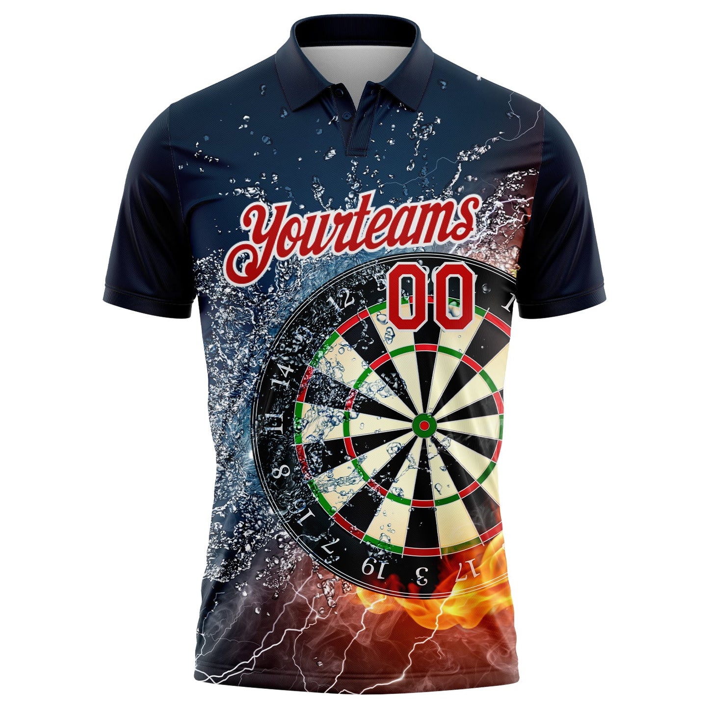 Custom Black Red-White 3D Pattern Design Flame Dart Board Performance Golf Polo Shirt view 2