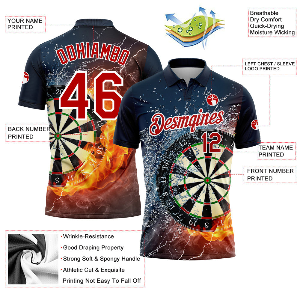 Custom Black Red-White 3D Pattern Design Flame Dart Board Performance Golf Polo Shirt view 3