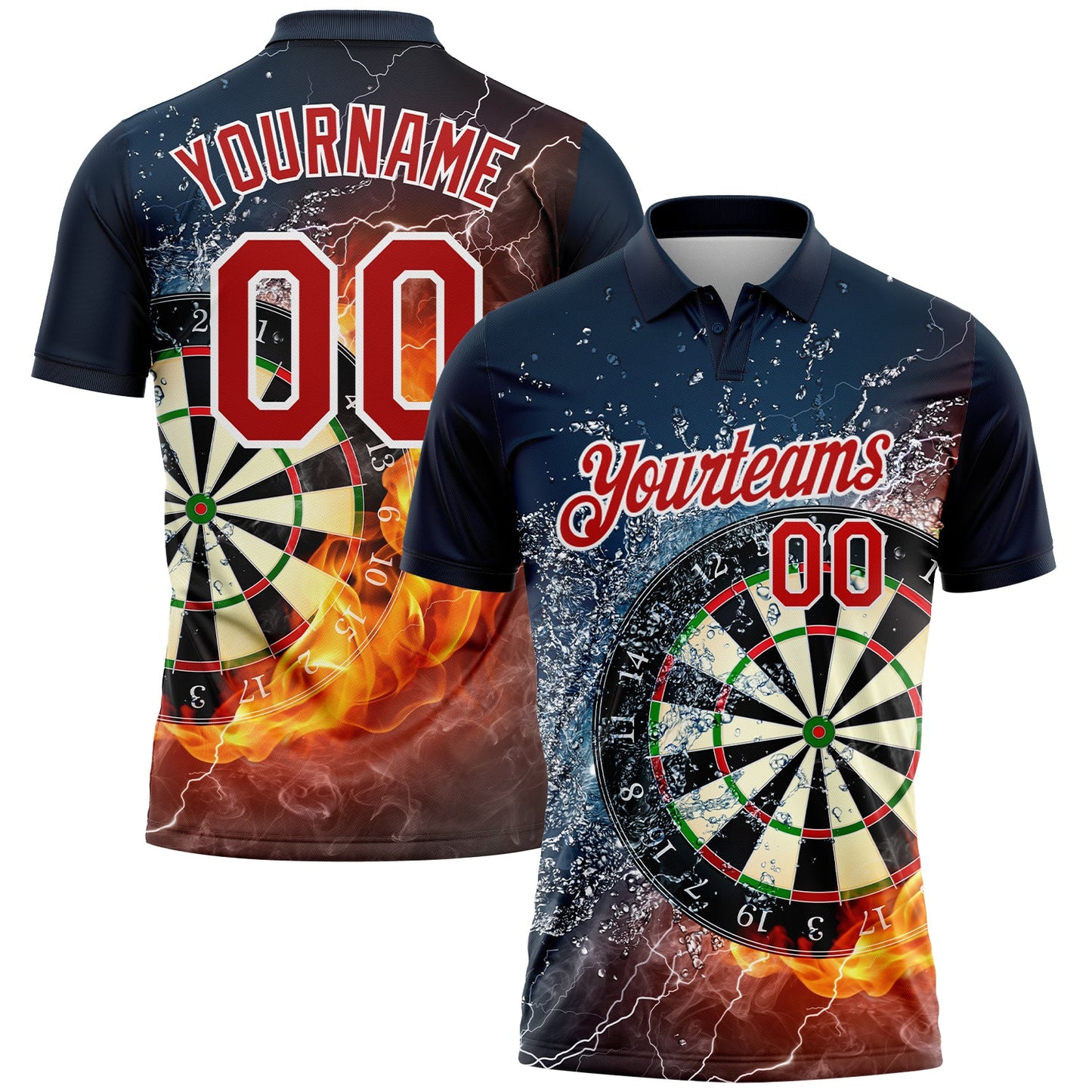 Custom Black Red-White 3D Pattern Design Flame Dart Board Performance Golf Polo Shirt - Main View