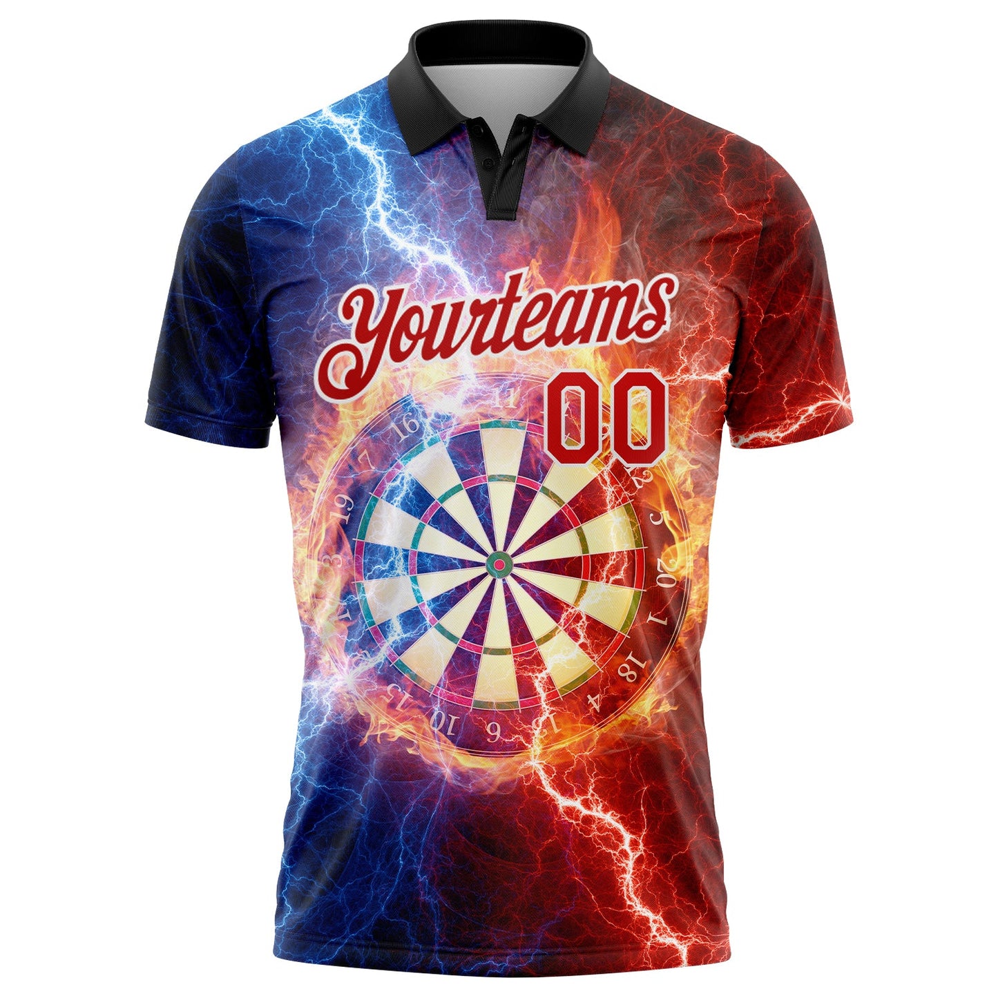 Custom Black Red-White 3D Pattern Design Lightning Flame Dart Board Performance Golf Polo Shirt view 2
