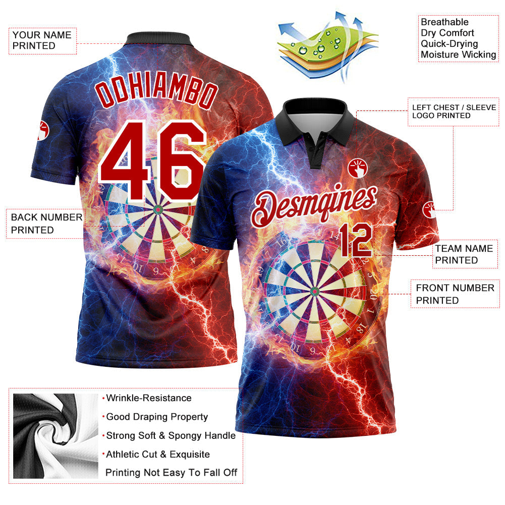 Custom Black Red-White 3D Pattern Design Lightning Flame Dart Board Performance Golf Polo Shirt view 3