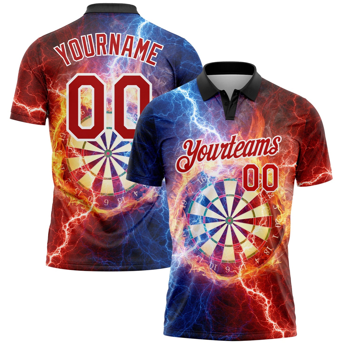 Custom Black Red-White 3D Pattern Design Lightning Flame Dart Board Performance Golf Polo Shirt - Main View