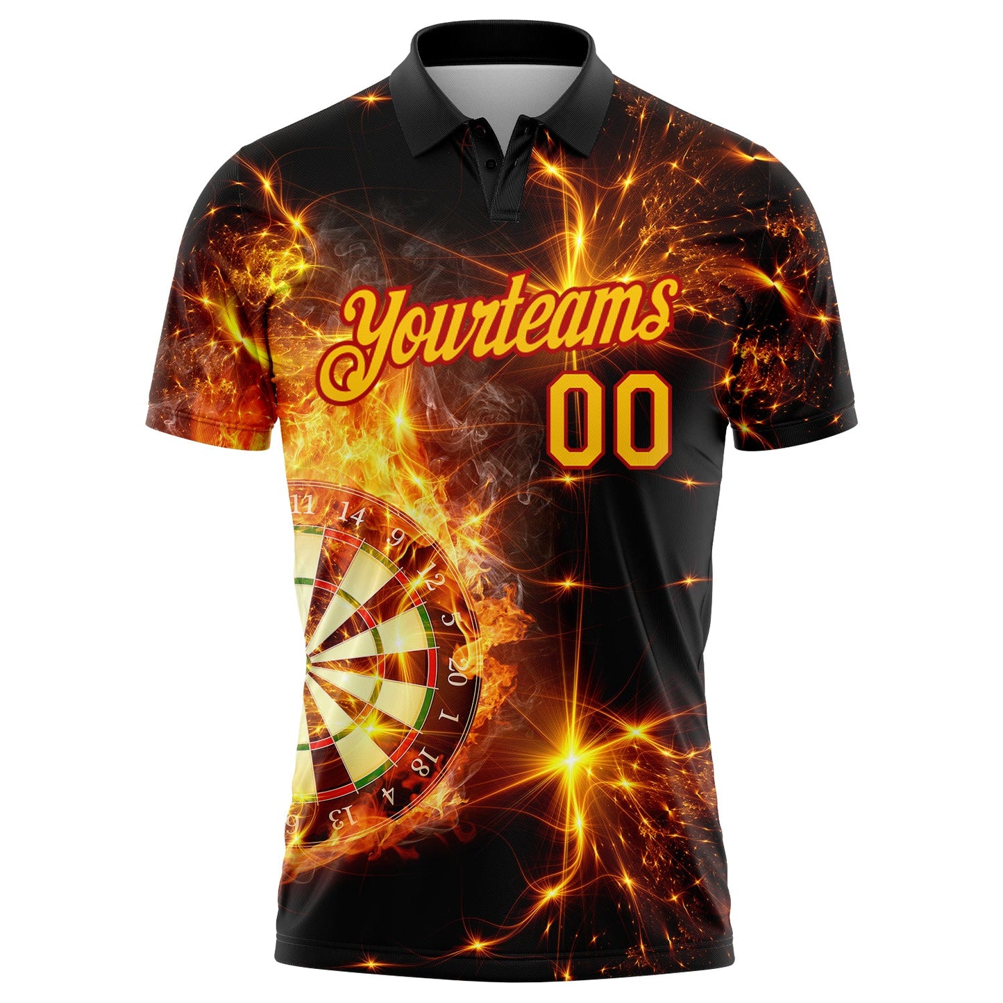 Custom Black Yellow-Red 3D Pattern Design Flame Dart Board Performance Golf Polo Shirt view 3