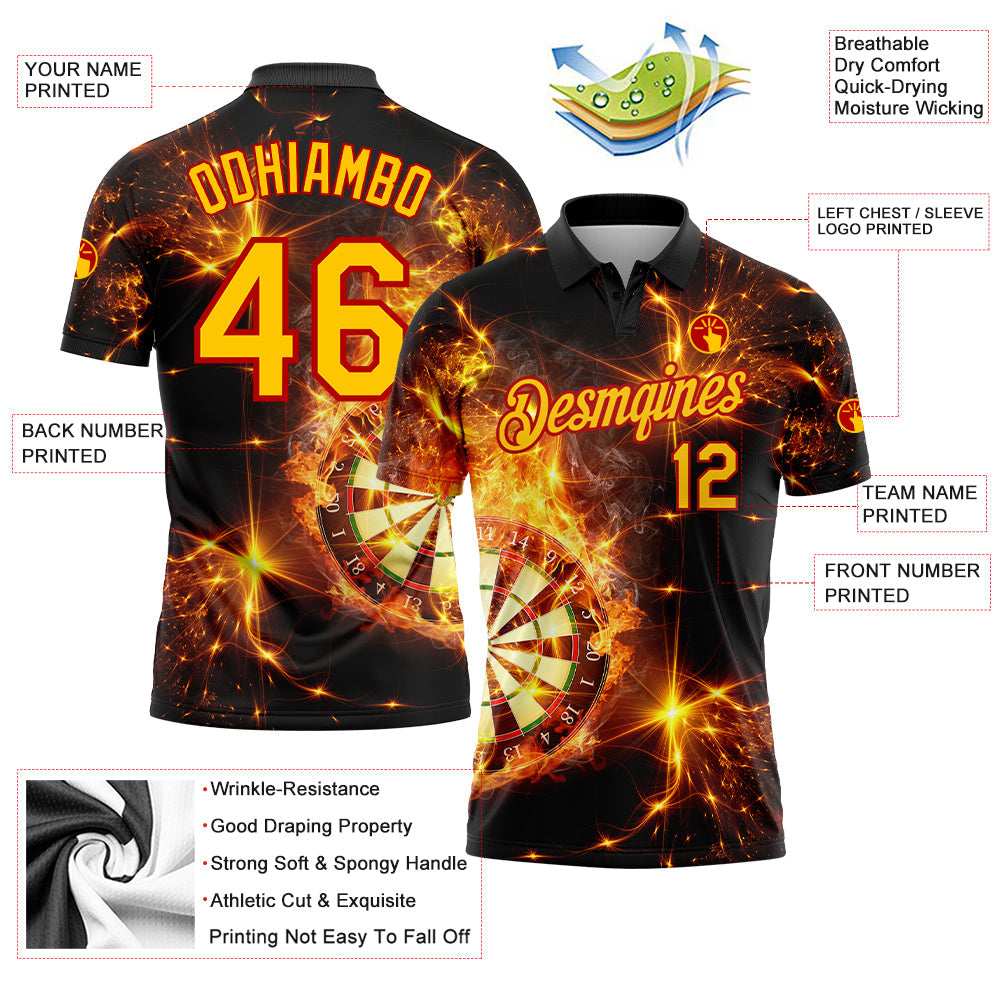 Custom Black Yellow-Red 3D Pattern Design Flame Dart Board Performance Golf Polo Shirt view 4
