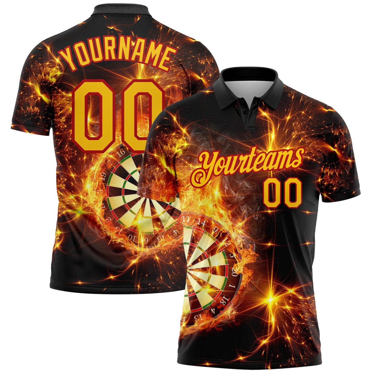 Custom Black Yellow-Red 3D Pattern Design Flame Dart Board Performance Golf Polo Shirt - Main View