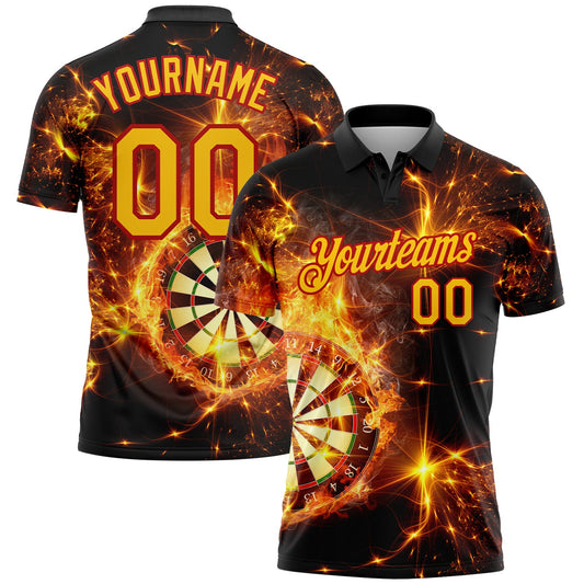 Custom Black Yellow-Red 3D Pattern Design Flame Dart Board Performance Golf Polo Shirt - Main View