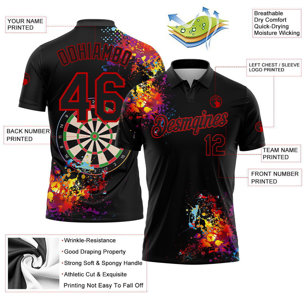 Custom Black Red 3D Pattern Design Dart Board Performance Golf Polo Shirt view 3