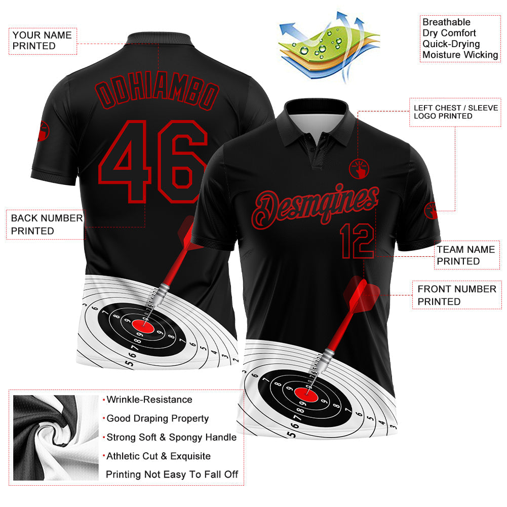 Custom Black Red 3D Pattern Design Dart Board Target Performance Golf Polo Shirt view 3