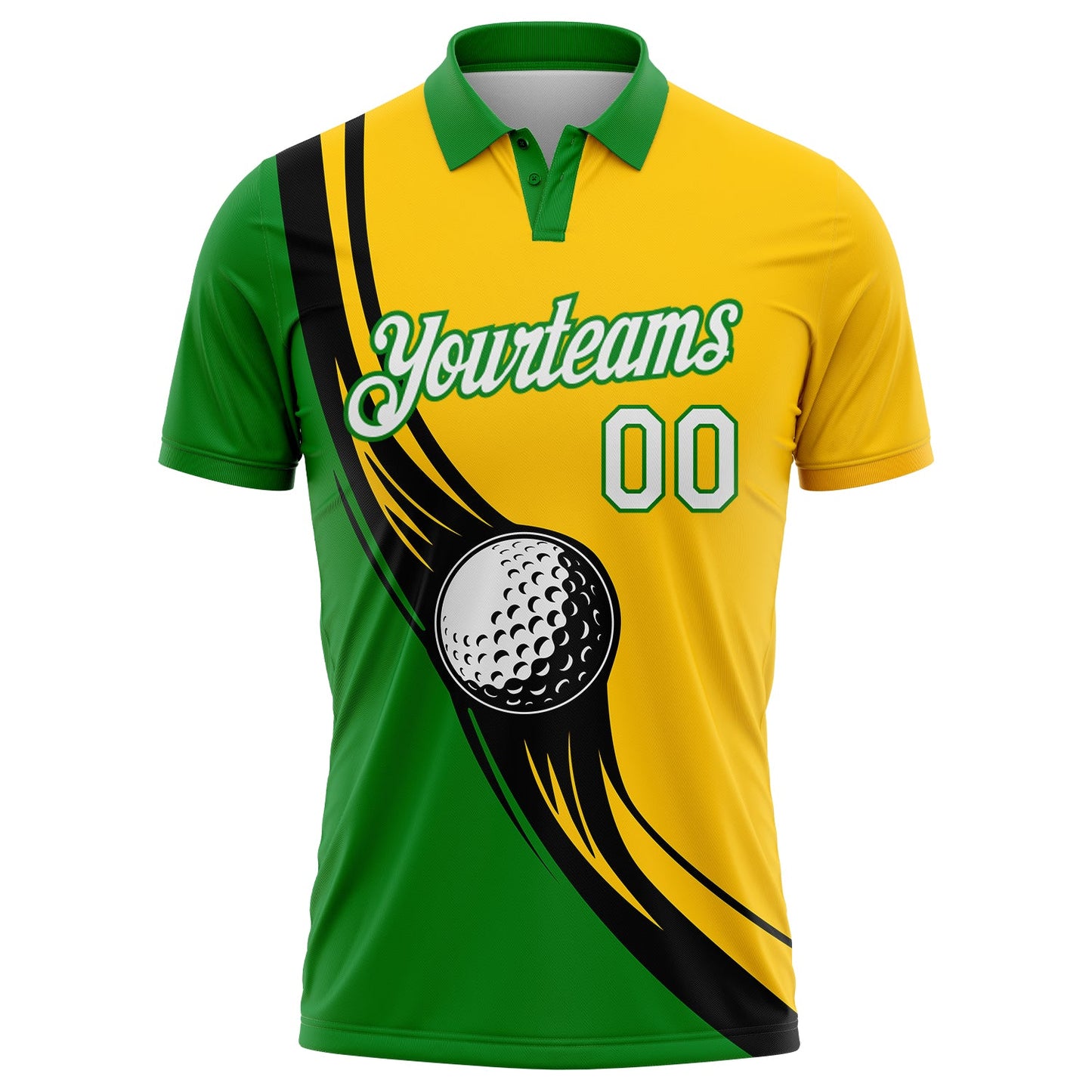 Custom Yellow White-Grass Green 3D Pattern Design Golf Ball Performance Golf Polo Shirt view 2