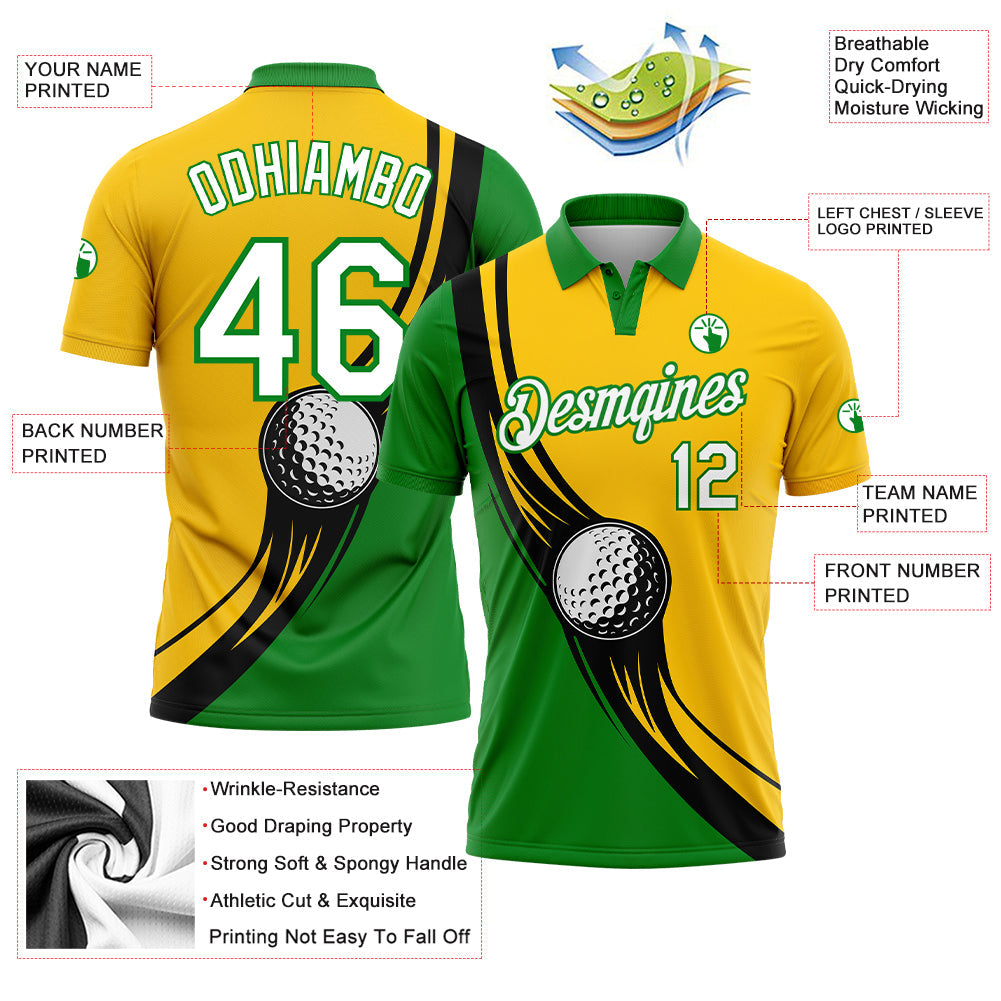 Custom Yellow White-Grass Green 3D Pattern Design Golf Ball Performance Golf Polo Shirt view 3
