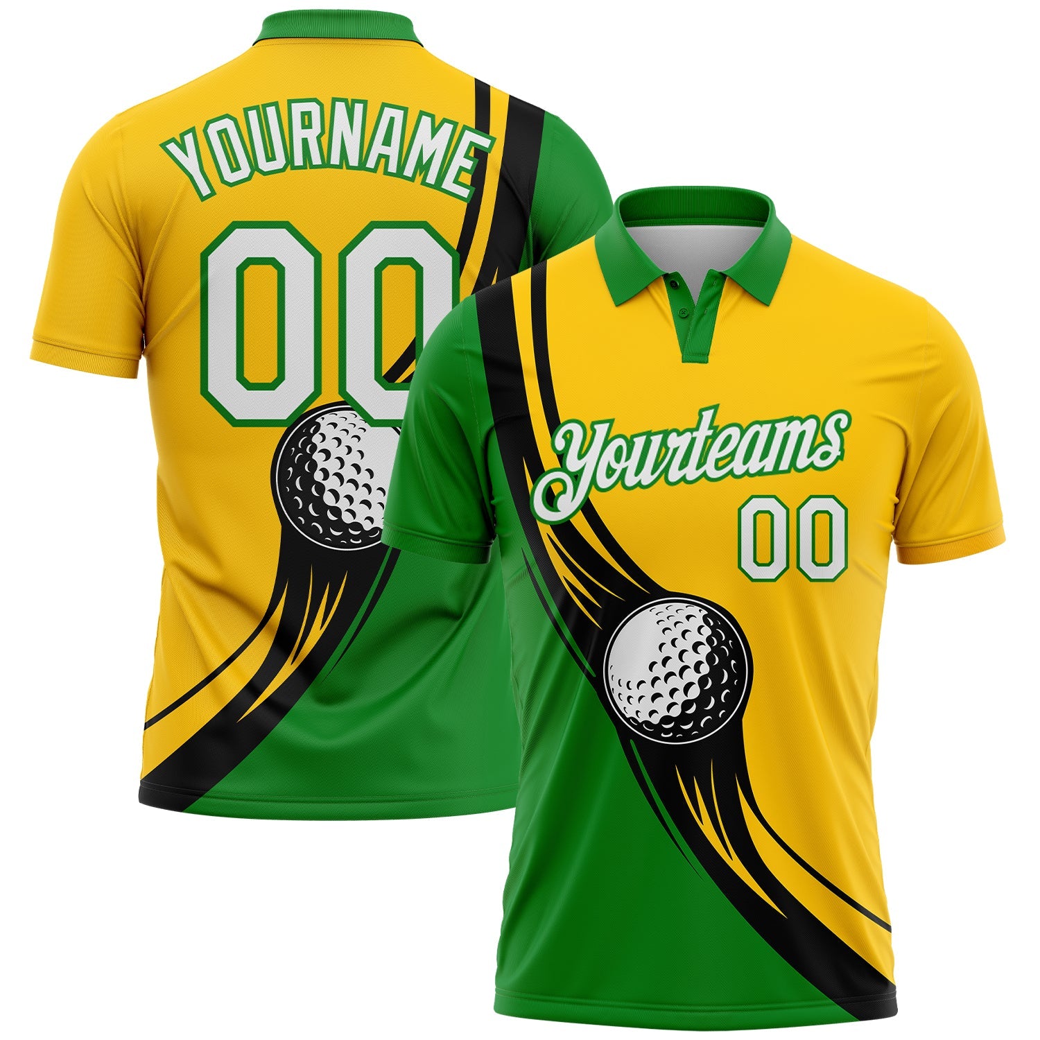 Custom Yellow White-Grass Green 3D Pattern Design Golf Ball Performance Golf Polo Shirt - Main View