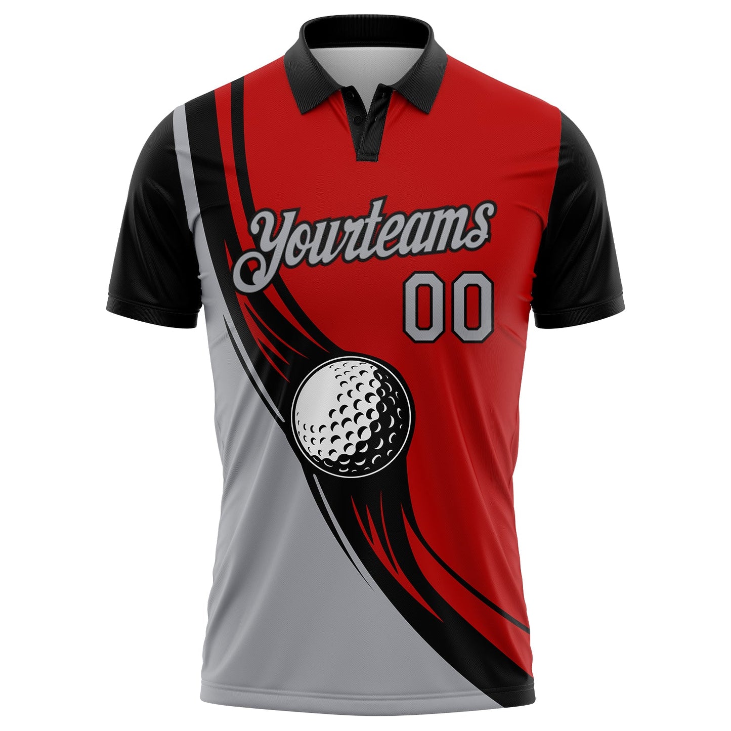 Custom Red Gray-Black 3D Pattern Design Golf Ball Performance Golf Polo Shirt view 2