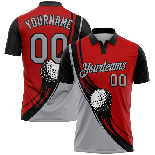 Custom Red Gray-Black 3D Pattern Design Golf Ball Performance Golf Polo Shirt - Main View
