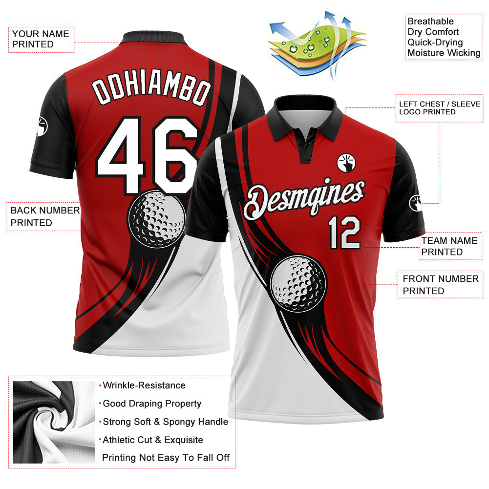 Custom Red White-Black 3D Pattern Design Golf Ball Performance Golf Polo Shirt view 3