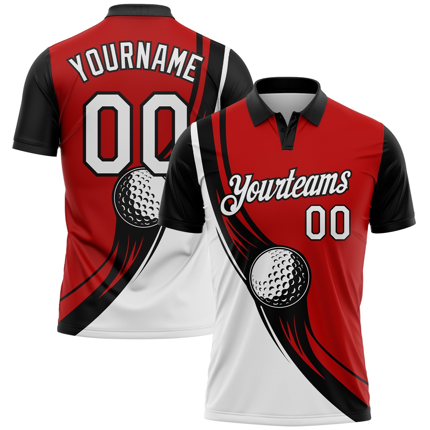 Custom Red White-Black 3D Pattern Design Golf Ball Performance Golf Polo Shirt - Main View