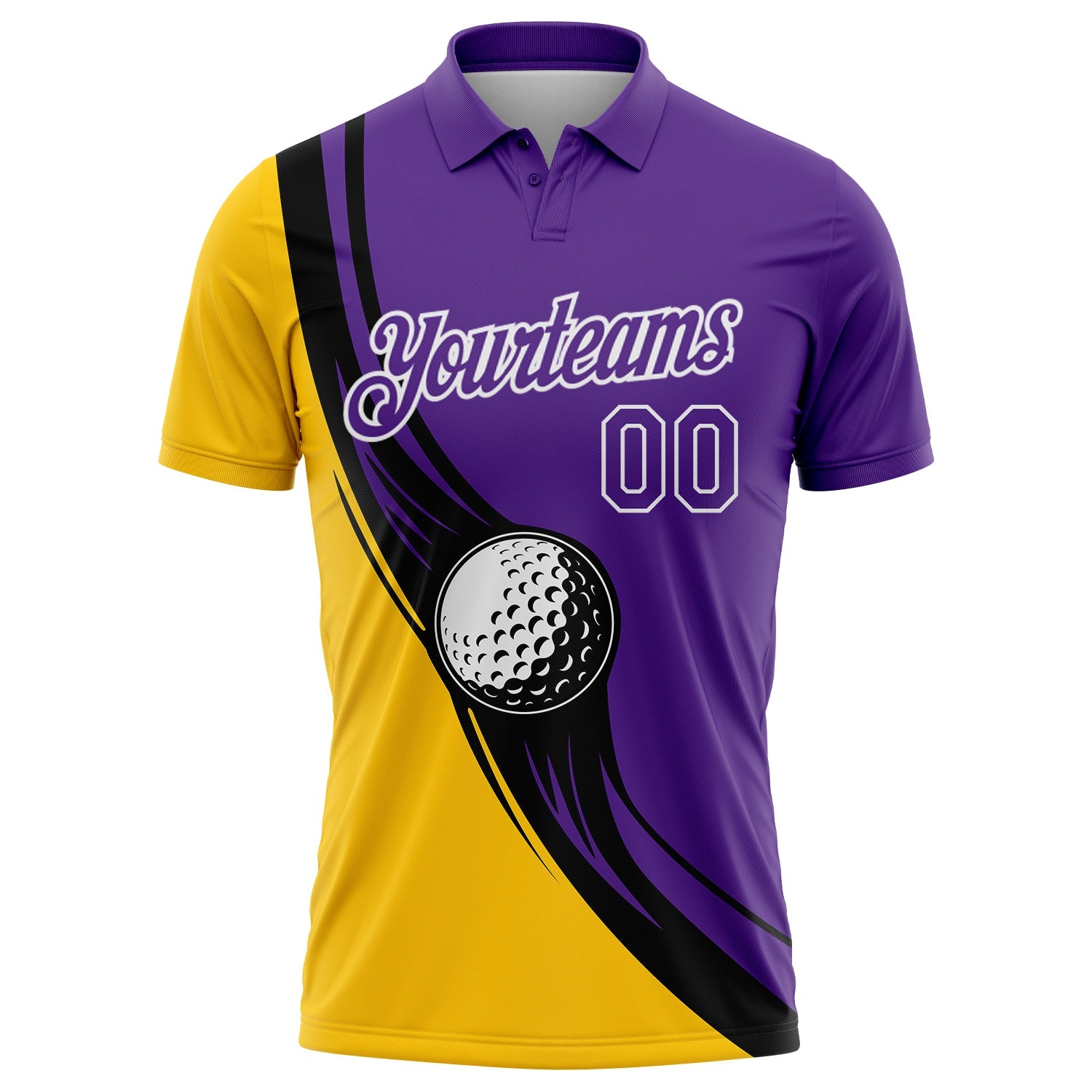 Custom Purple Yellow-Black 3D Pattern Design Golf Ball Performance Golf Polo Shirt view 2