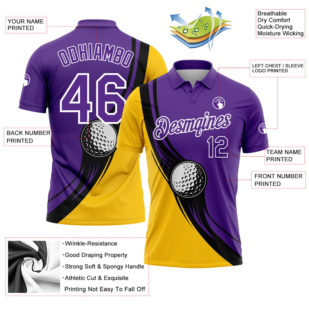 Custom Purple Yellow-Black 3D Pattern Design Golf Ball Performance Golf Polo Shirt view 3