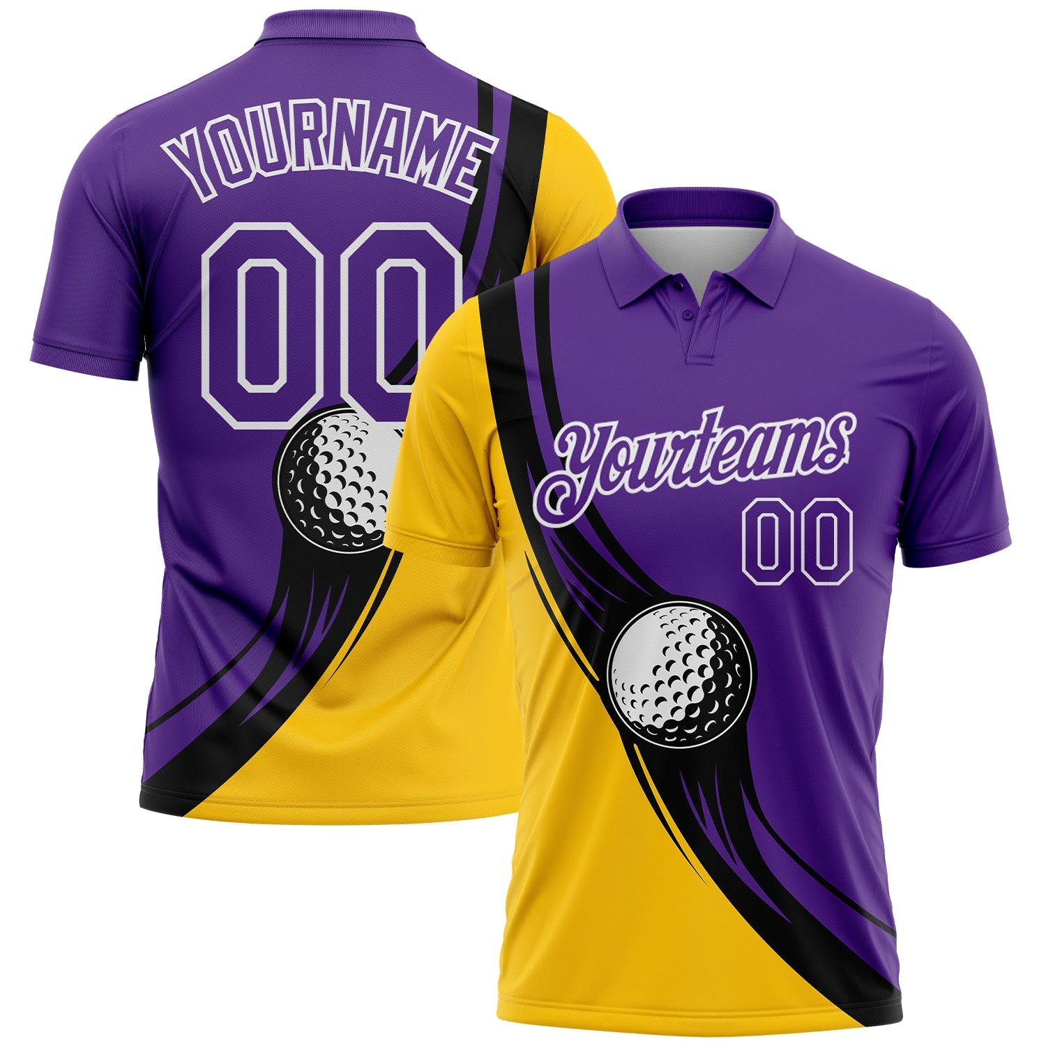 Custom Purple Yellow-Black 3D Pattern Design Golf Ball Performance Golf Polo Shirt - Main View