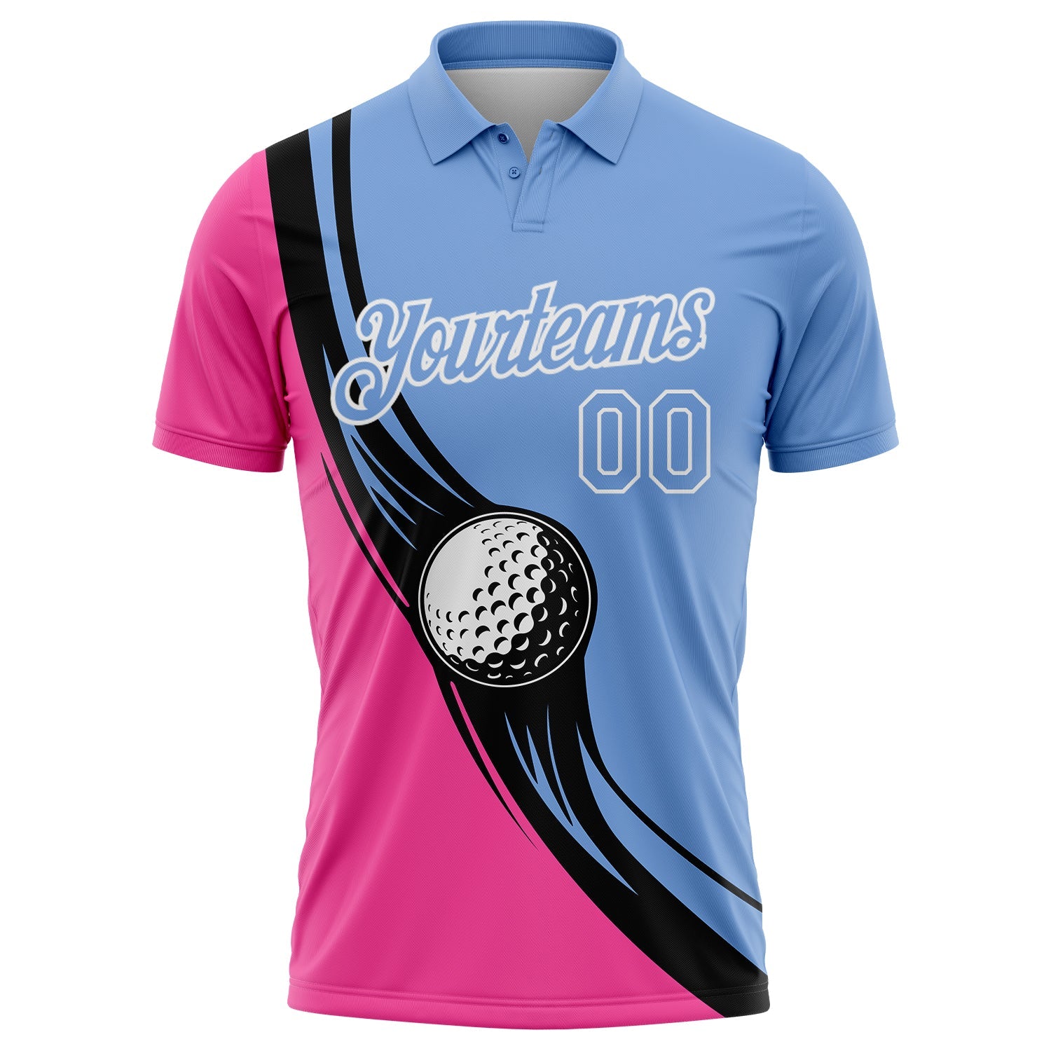 Custom Light Blue Pink-Black 3D Pattern Design Golf Ball Performance Golf Polo Shirt view 2