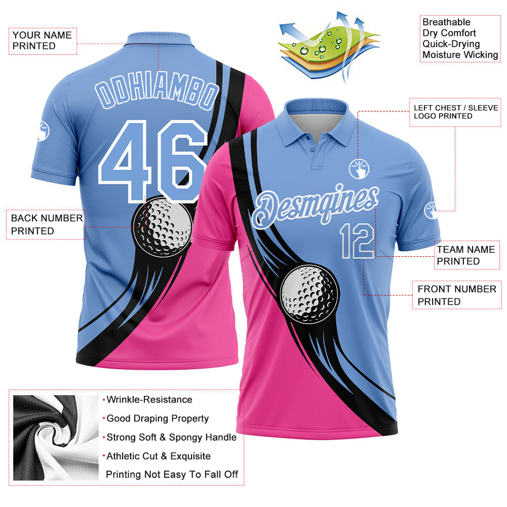 Custom Light Blue Pink-Black 3D Pattern Design Golf Ball Performance Golf Polo Shirt view 3