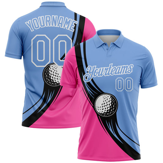 Custom Light Blue Pink-Black 3D Pattern Design Golf Ball Performance Golf Polo Shirt - Main View