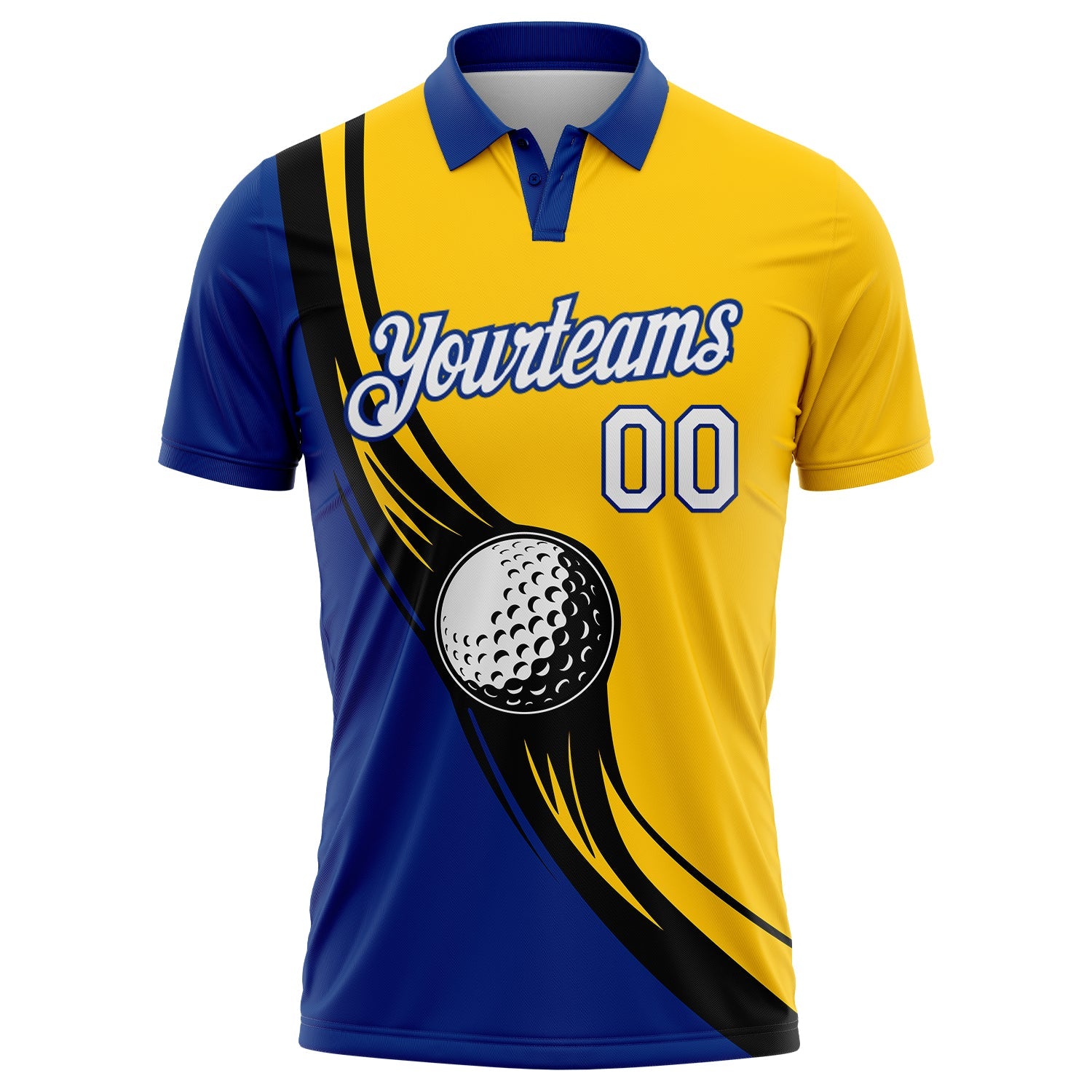 Custom Yellow White Royal-Black 3D Pattern Design Golf Ball Performance Golf Polo Shirt view 2