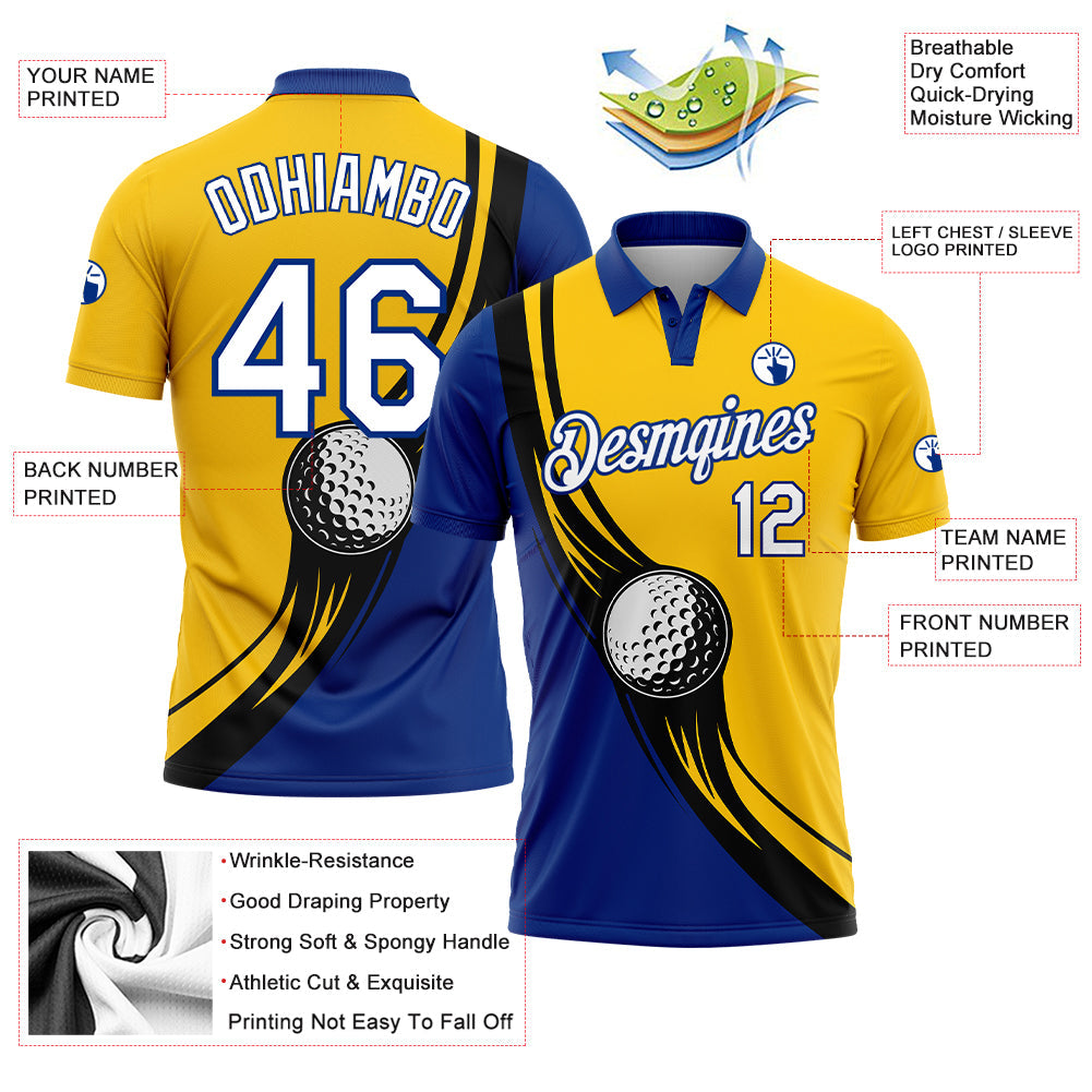 Custom Yellow White Royal-Black 3D Pattern Design Golf Ball Performance Golf Polo Shirt view 3