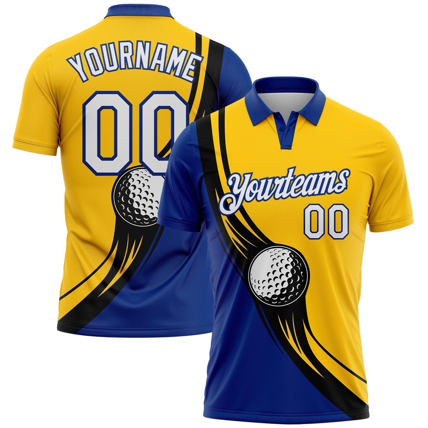 Custom Yellow White Royal-Black 3D Pattern Design Golf Ball Performance Golf Polo Shirt - Main View