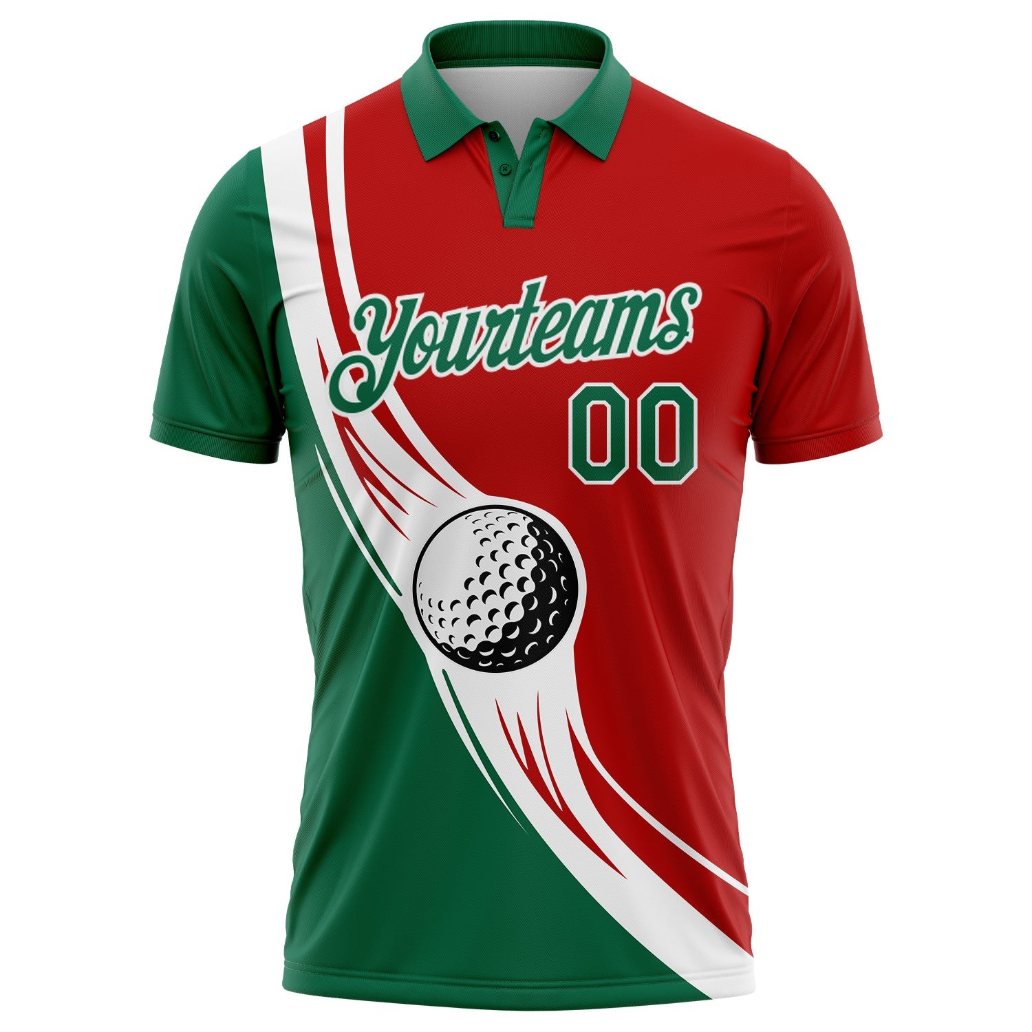 Custom Red Kelly Green-White 3D Pattern Design Golf Ball Performance Golf Polo Shirt view 2