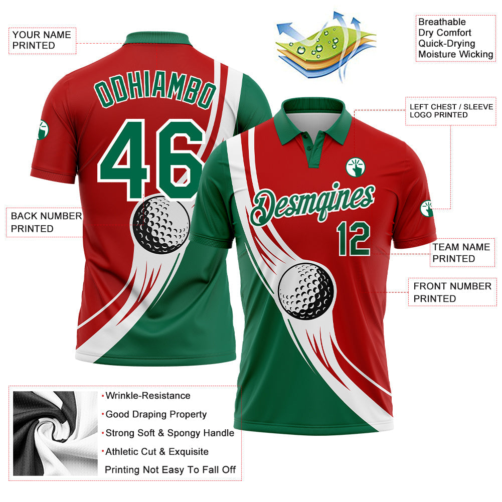 Custom Red Kelly Green-White 3D Pattern Design Golf Ball Performance Golf Polo Shirt view 3