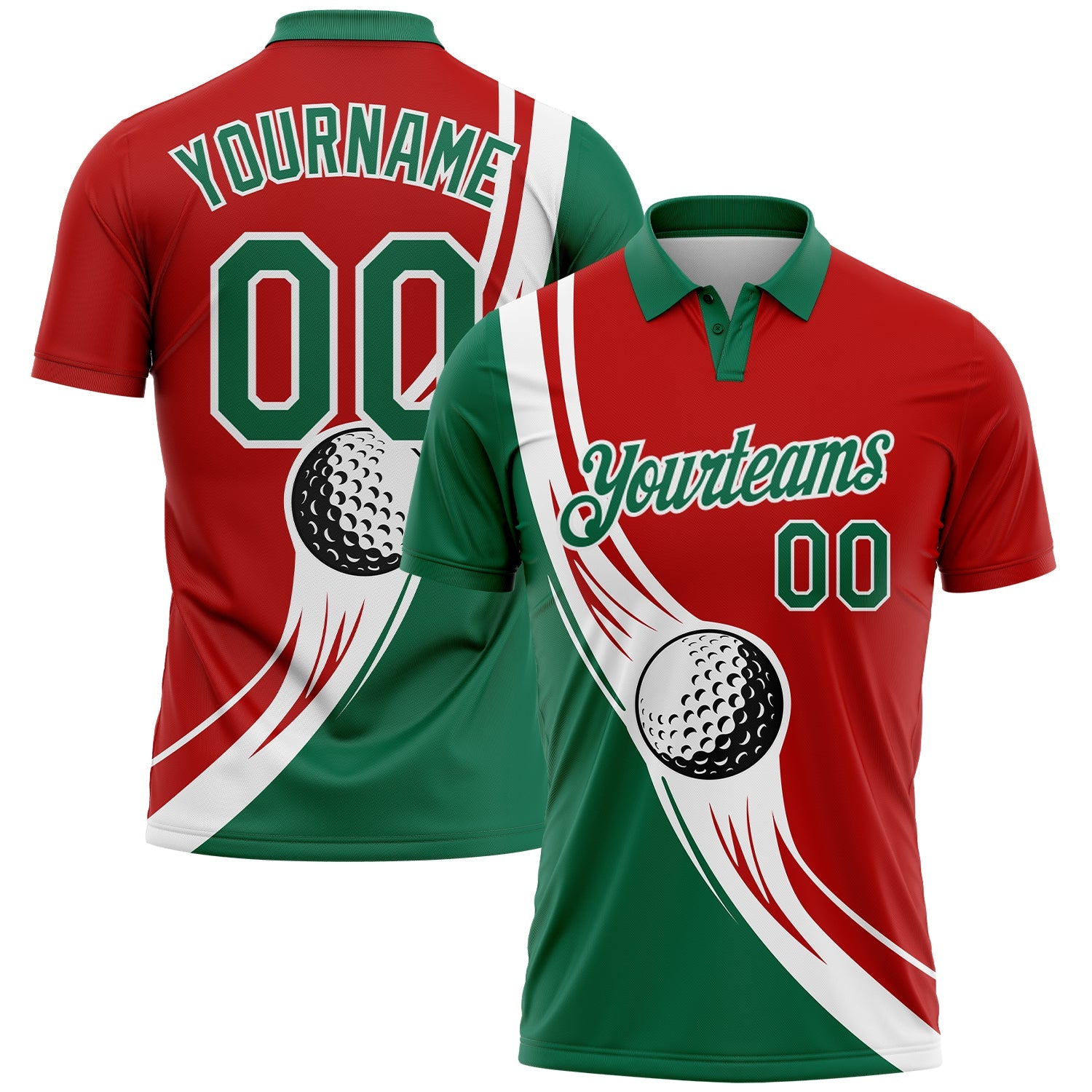 Custom Red Kelly Green-White 3D Pattern Design Golf Ball Performance Golf Polo Shirt - Main View