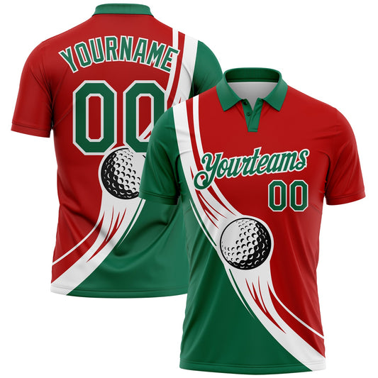 Custom Red Kelly Green-White 3D Pattern Design Golf Ball Performance Golf Polo Shirt - Main View