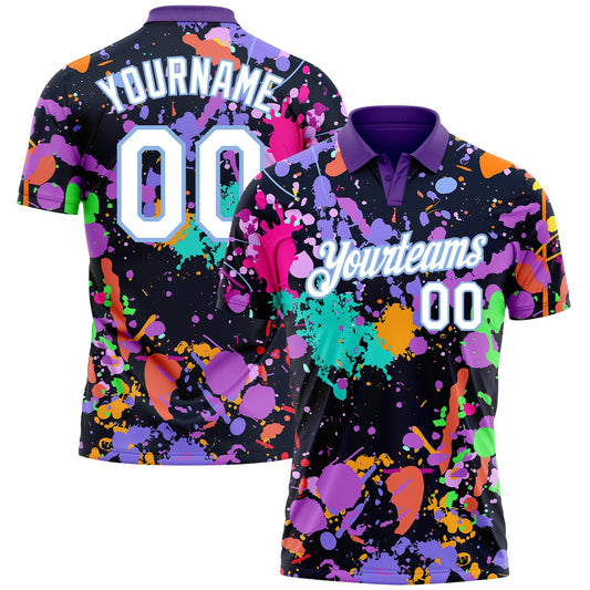 Custom Graffiti Pattern White-Light Blue 3D Splashes Performance Golf Polo Shirt - Main View