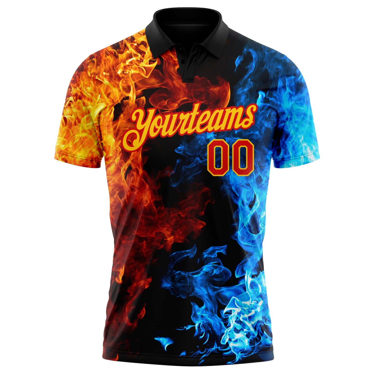 Custom Red Yellow 3D Pattern Design Flame Performance Golf Polo Shirt view 2