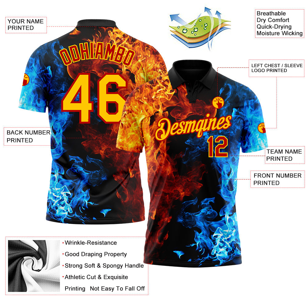 Custom Red Yellow 3D Pattern Design Flame Performance Golf Polo Shirt view 3