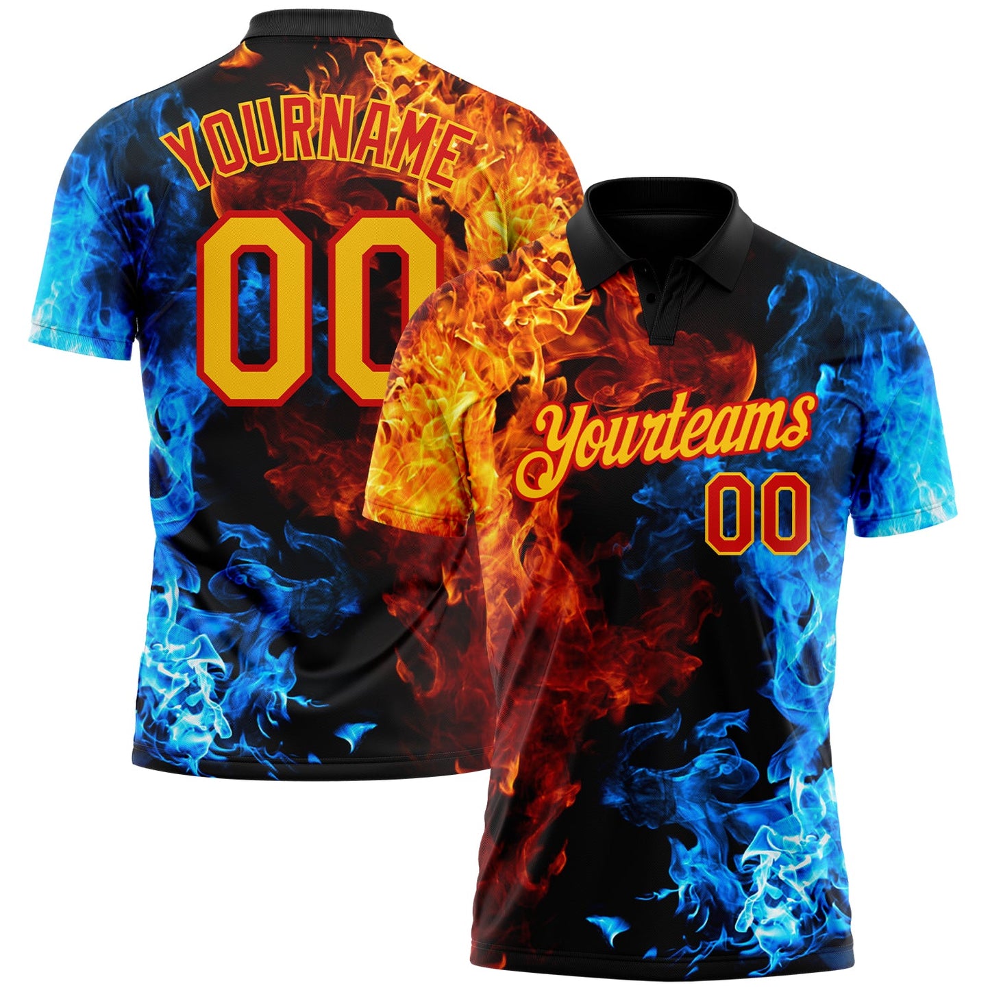 Custom Red Yellow 3D Pattern Design Flame Performance Golf Polo Shirt - Main View